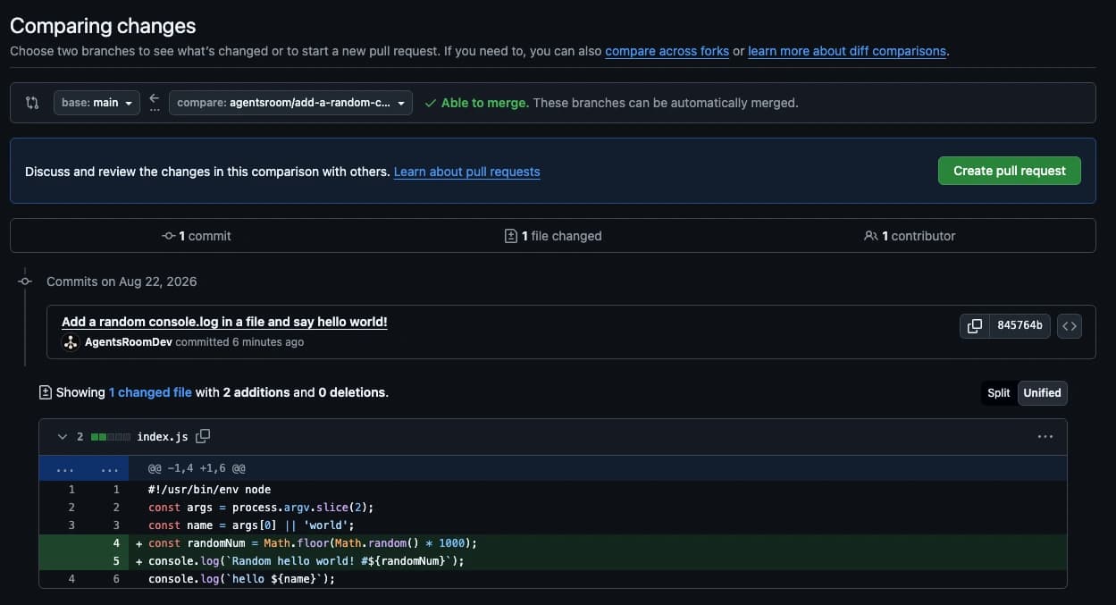 Die Vergleichsansicht auf GitHub für den Branch, den ein AgentsRoom-Cloud-Agent gepusht hat, mit einem Commit, einer geänderten Datei, den hinzugefügten Zeilen im Diff und der Schaltfläche Create pull request.