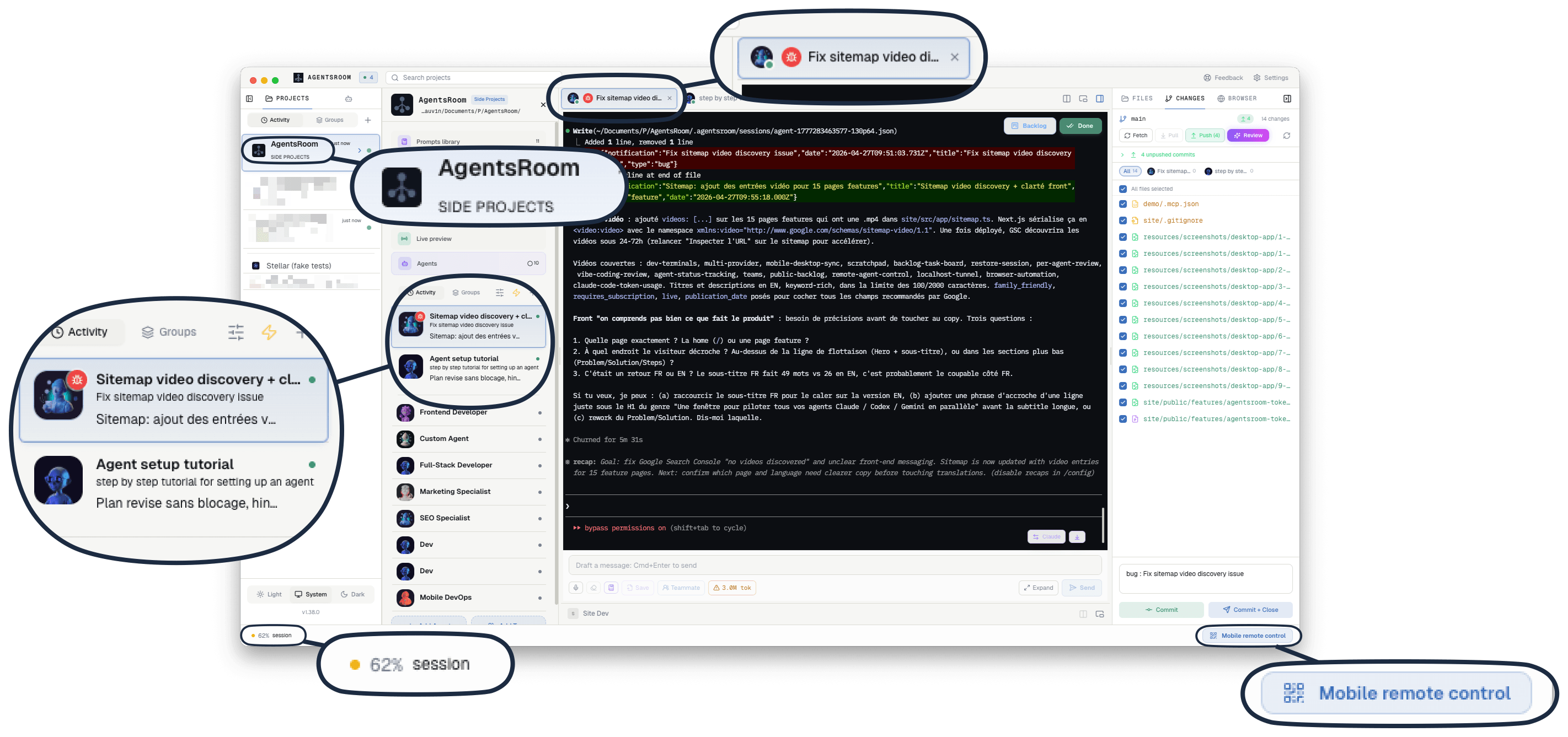 AgentsRoom desktop app: multi-project tabs, agents sidebar, terminal and per-agent diff, mirrored on mobile