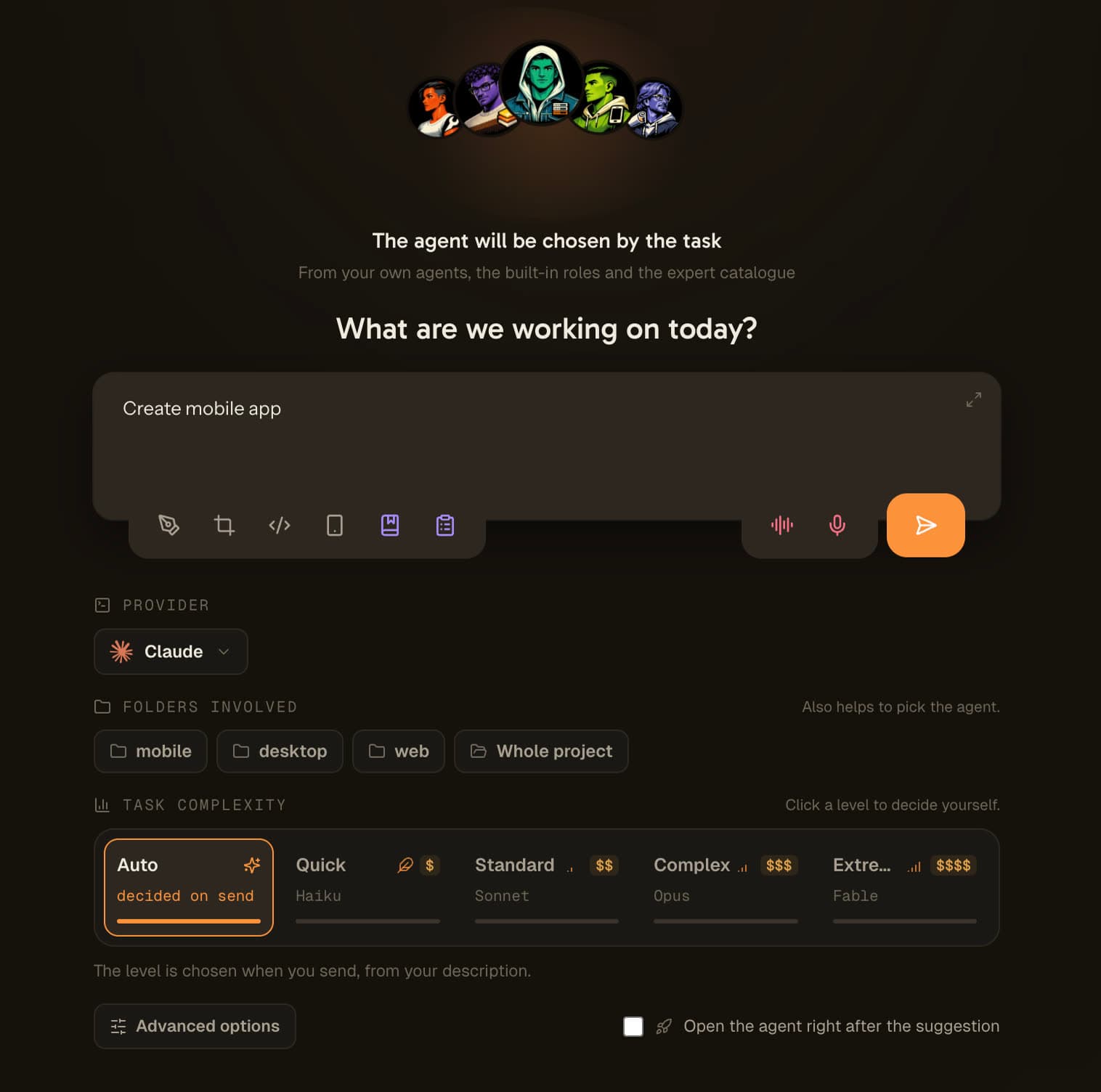 หน้าจอบอกความตั้งใจของ AI Suggestion ใน AgentsRoom: เอเจนต์ที่เป็นตัวเลือก, ช่องกรอกคำอธิบายงาน, ผู้ให้บริการ, โฟลเดอร์ที่เกี่ยวข้อง และแถบความซับซ้อนของงานห้าระดับที่แสดง Haiku, Sonnet, Opus และ Fable พร้อมค่าใช้จ่ายของแต่ละตัว