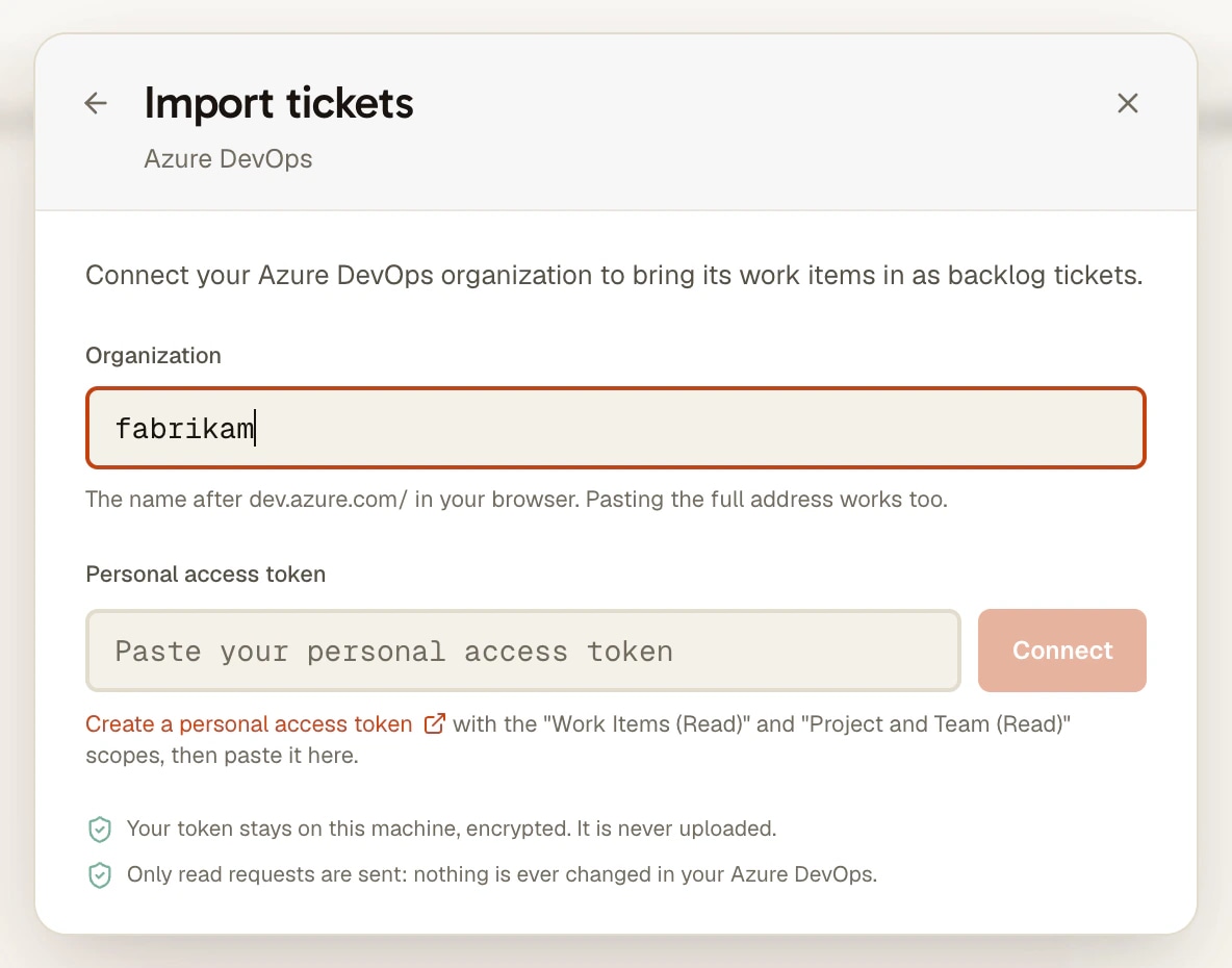 AgentsRoom: connect an Azure DevOps organization with a personal access token AgentsRoom Azure DevOps connect screen: an Organization field filled with fabrikam, a Personal access token field and a Connect button, the Work Items (Read) and Project and Team (Read) scopes, and two notes saying the token stays on this machine and only read requests are sent