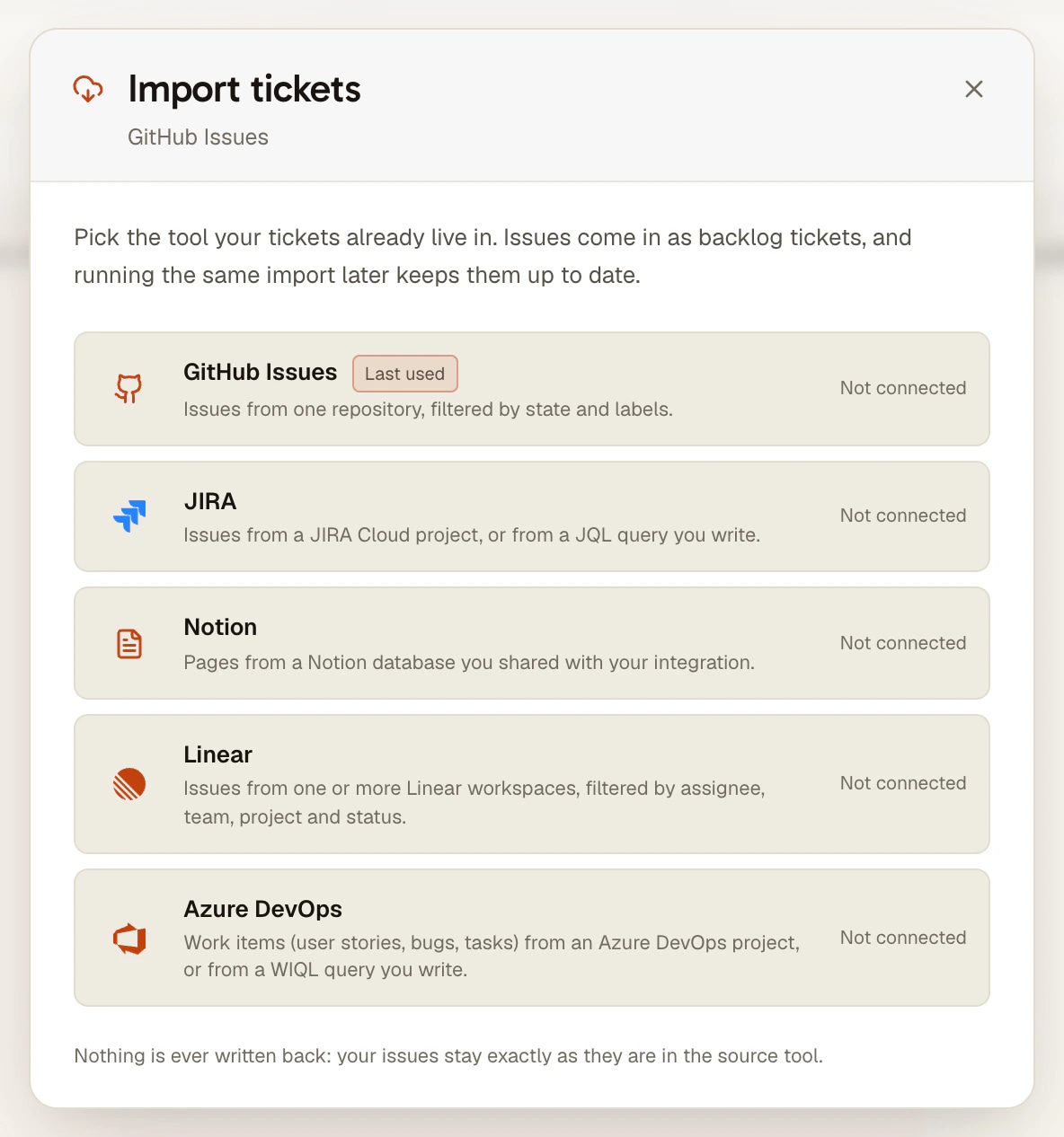AgentsRoom Import tickets: pick Azure DevOps AgentsRoom Import tickets window: Azure DevOps listed next to GitHub Issues, JIRA, Notion and Linear, with its description, work items (user stories, bugs, tasks) from an Azure DevOps project or a WIQL query