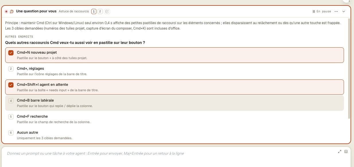 Multiple-choice clarifying question from an AI coding agent, answered with clickable options in AgentsRoom AgentsRoom question card docked above an AI agent's input box: a multiple-choice question with six numbered options and a description under each, two options ticked, the agent paused while it waits for the answer