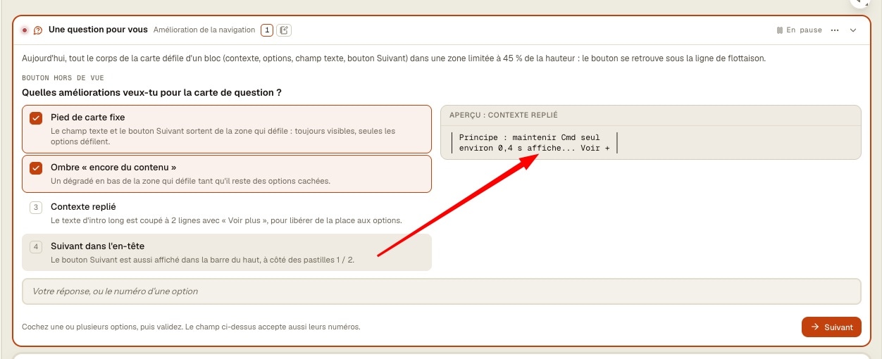 AI agent question card with mockup previews: compare the options before you choose AgentsRoom question card with a mockup preview: a panel on the right shows an option's text mockup, a red arrow points to it from the options, two options are ticked, and an answer field that also takes option numbers sits above a Next button