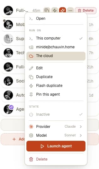 The context menu of an AgentsRoom agent, open on the Run on section, offering this computer, a second machine on the fleet, and The cloud as the place to execute the agent.