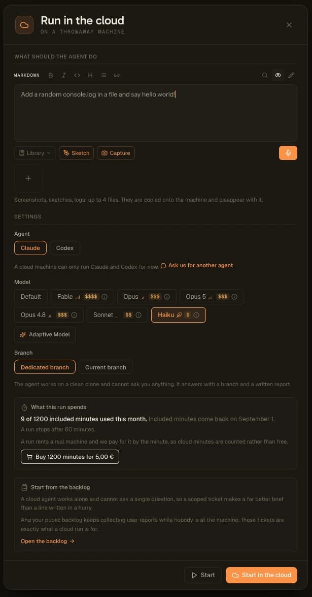 The Run in the cloud window in AgentsRoom: a prompt field, the choice between the Claude and Codex agents, the model row from Haiku to Opus, the dedicated branch option, and the included cloud minutes left this month.