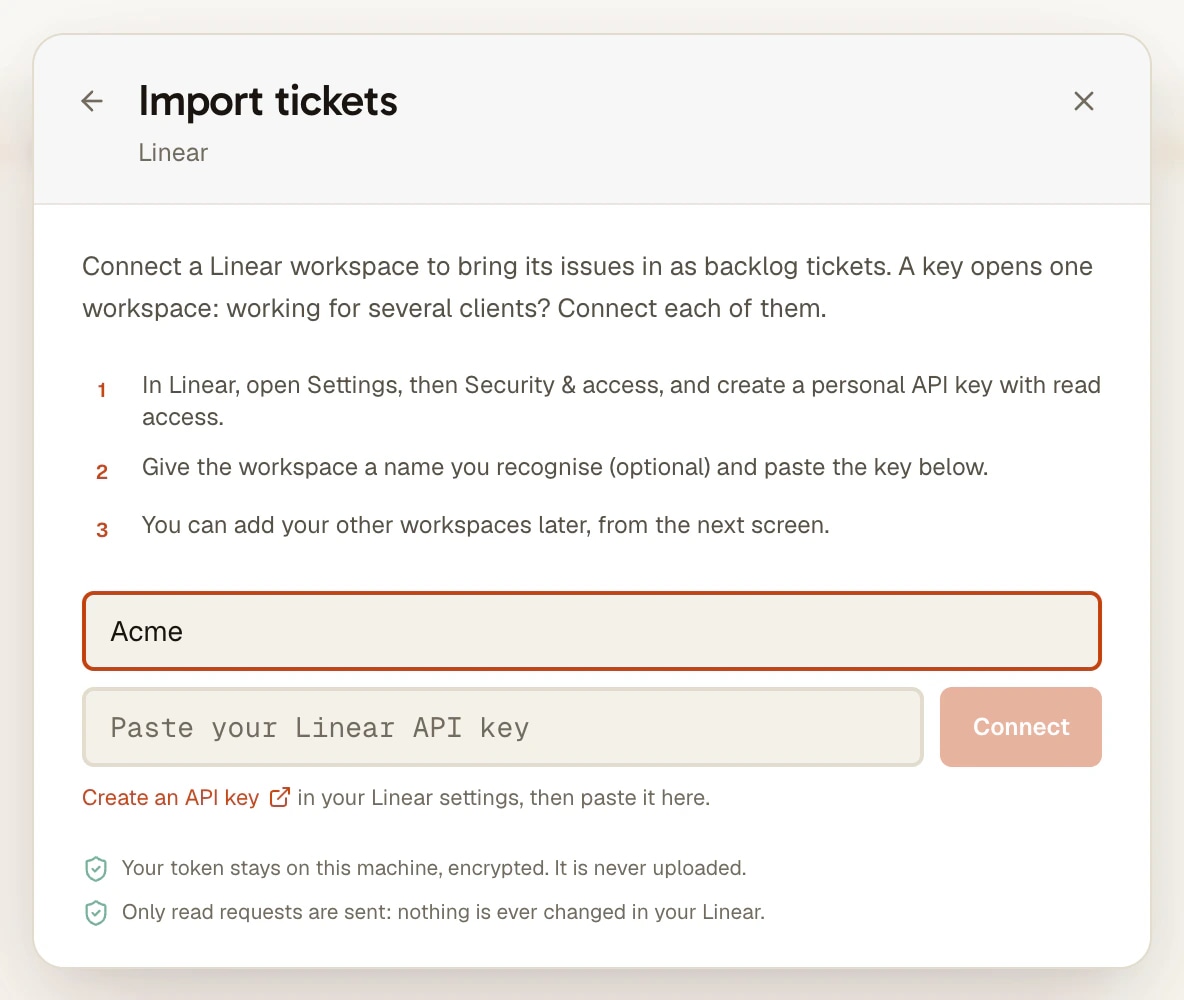 用个人 API 密钥把 Linear 工作区连接到 AgentsRoom,只读 AgentsRoom 的 Import tickets,Linear:在 Linear 中创建个人 API 密钥的三个步骤,一个名为 Acme 的工作区,带 Connect 按钮的 API 密钥输入框,以及令牌在这台机器上加密保存、只发送读取请求的说明