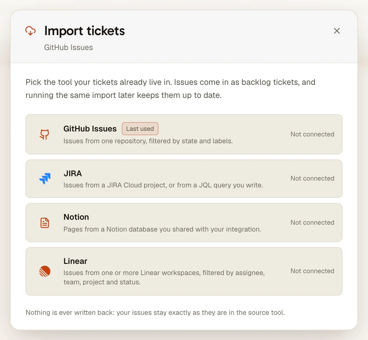 AgentsRoom 的 Import tickets:在 GitHub Issues、JIRA 和 Notion 旁边选择 Linear,把它的议题交给你的 AI 代理 AgentsRoom 的 Import tickets 窗口,来源选择:GitHub Issues、JIRA、Notion 和 Linear,每个都标明导入的内容和连接状态,并注明任何内容都不会写回来源工具