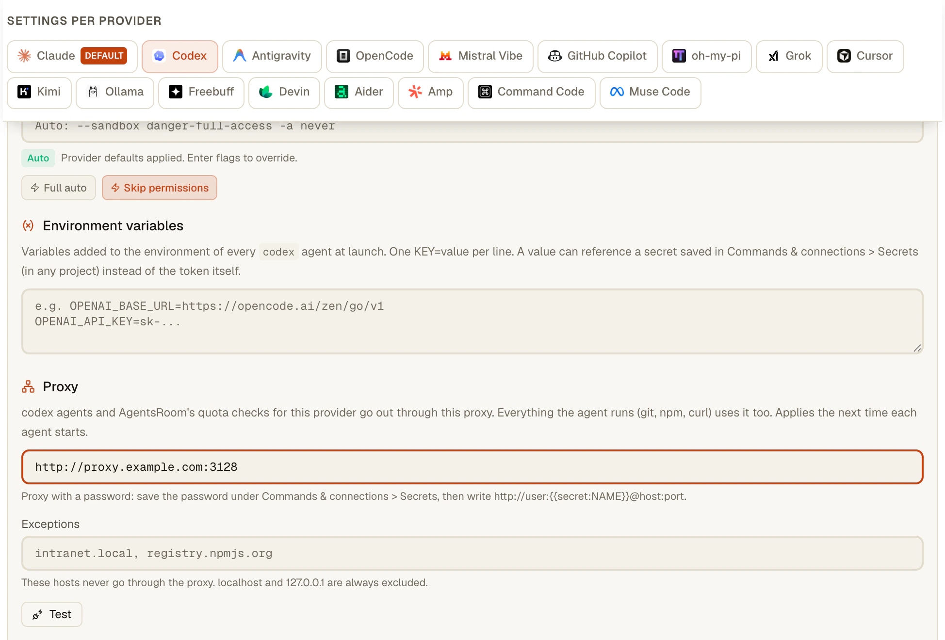 AgentsRoomのネットワークプロキシ:Codex CLIのエージェント用のプロキシを「設定 > AI プロバイダー」で設定 AgentsRoomのSettings、AI providers、Codexタブを選択した状態:環境変数の下、Advanced settingsにあるProxyセクションに入力済みのhttp://プロキシアドレス、Exceptionsフィールド、Testボタン
