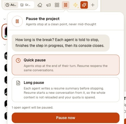 AgentsRoom Pause the project panel: choose a Quick pause or a Long pause with a resume summary, then Pause now