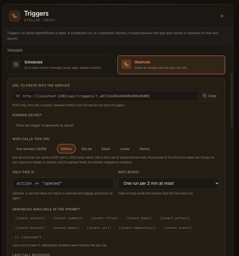 Редактор триггеров AgentsRoom в режиме Webhook: сгенерированный URL триггера для вставки в сервис с кнопкой Copy, поле секрета для подписи, выбор источника со значениями Any service (JSON), GitHub, GitLab, Slack, Linear и Sentry, фильтр Only fire if, заданный как action == "opened", настройка защиты от всплеска «не больше одного запуска за 2 минуты» и переменные события, доступные в промпте.