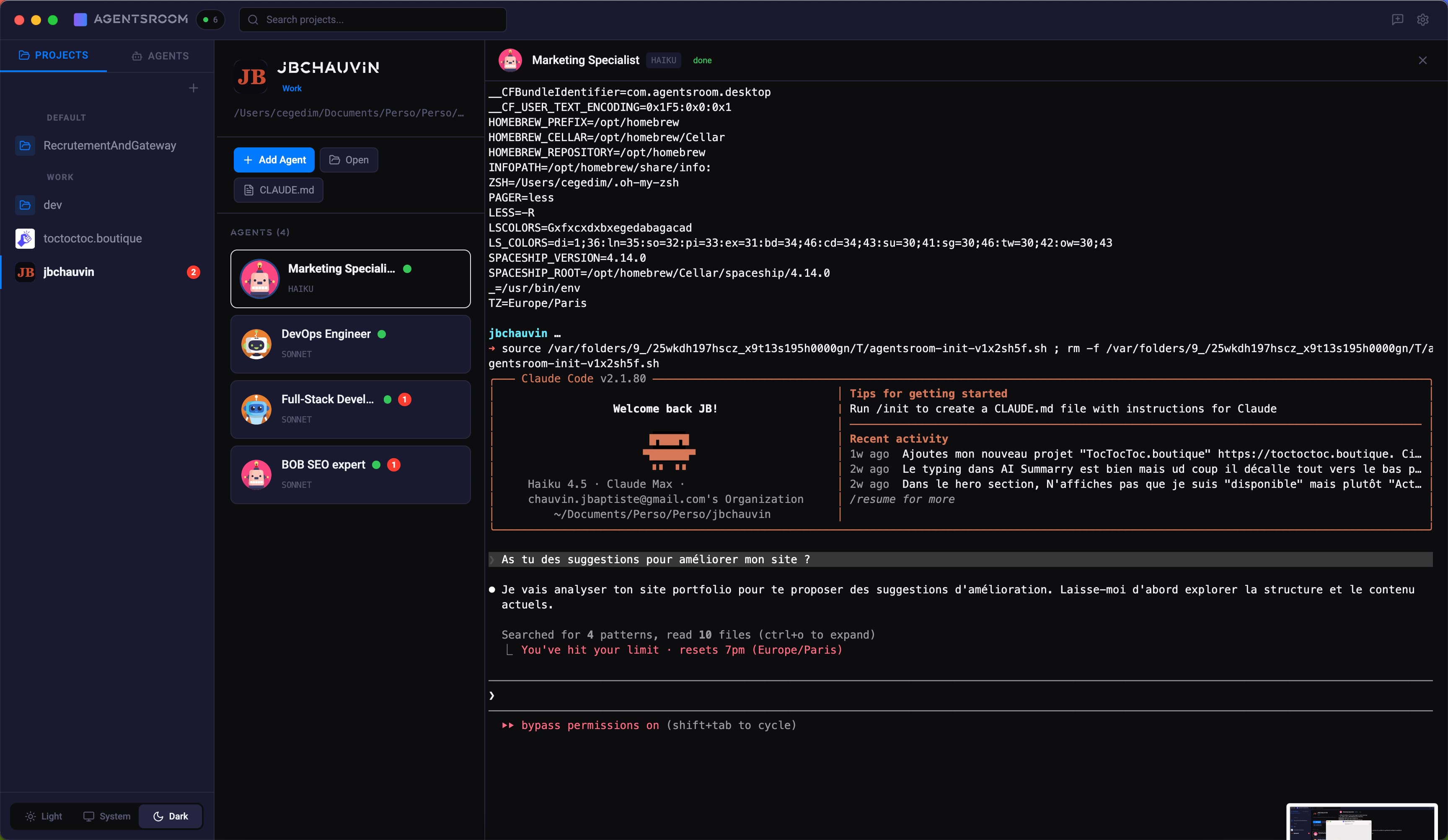 AgentsRoom — Real app screenshot showing multiple AI agents working simultaneously