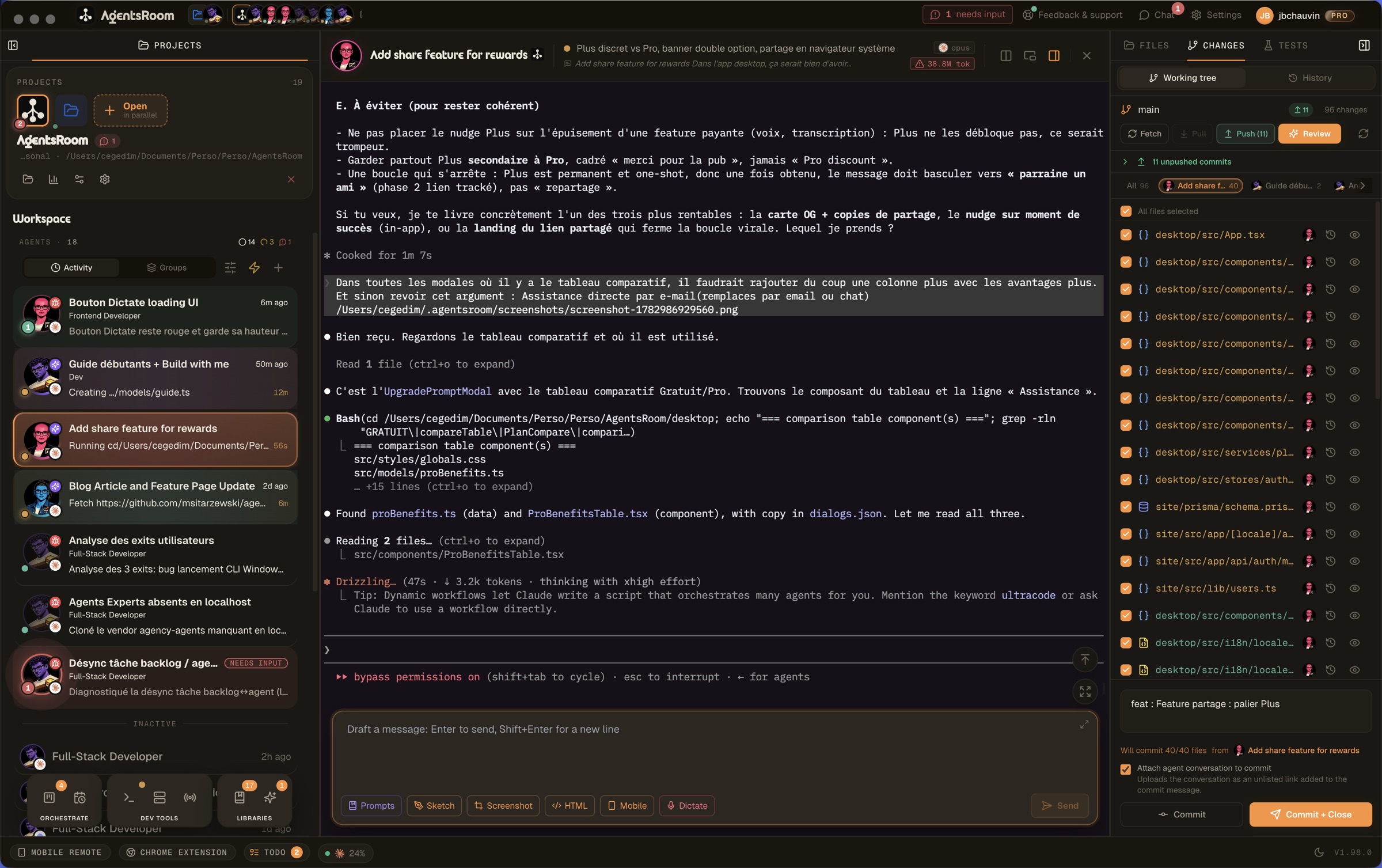 AgentsRoom interface overview: projects, parallel AI agents, terminals, backlog and files.