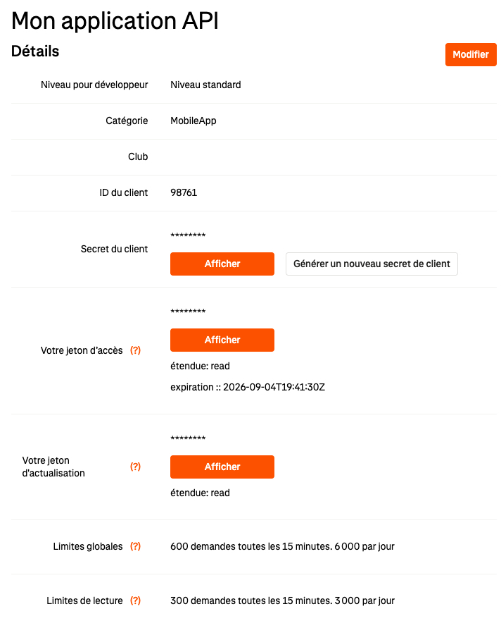 Einstellungsseite einer Strava-API-Anwendung: Standard-Entwicklerstufe, Client-ID, maskiertes Client-Secret, Access Token und Refresh Token mit Leseberechtigung, und die angezeigten Ratenbegrenzungen, 600 Anfragen alle 15 Minuten und 6.000 pro Tag insgesamt, 300 alle 15 Minuten und 3.000 pro Tag für Lesezugriffe.