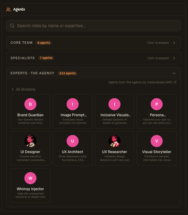 The Agency experts inside AgentsRoom, grouped and searchable
