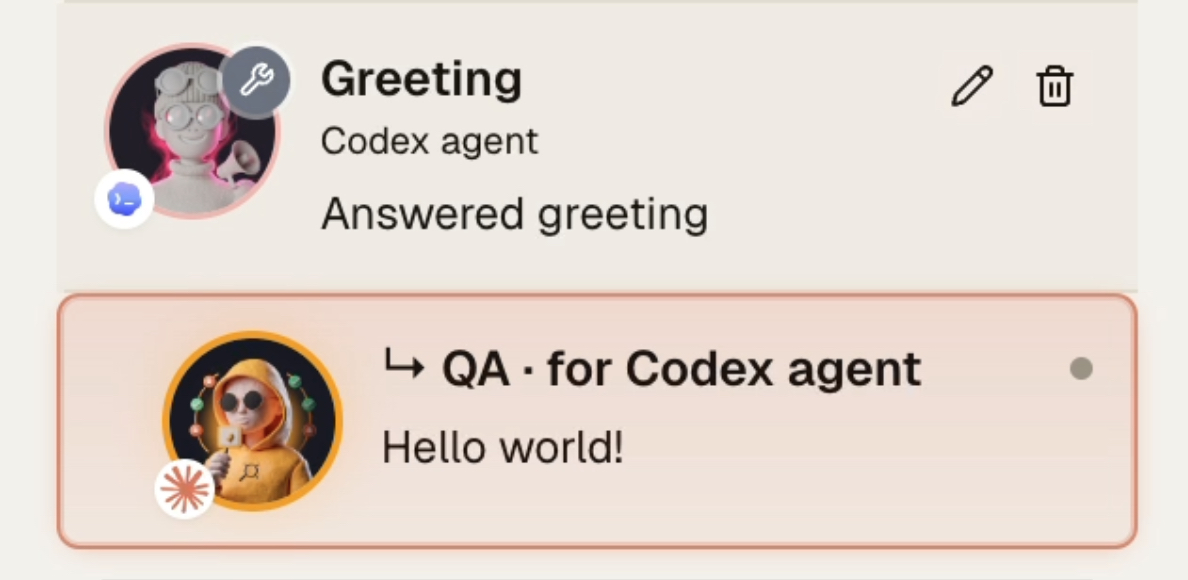 Agent delegation in AgentsRoom : the Codex dev agent finished its task and a QA agent has been delegated underneath, with a 'QA for Codex agent' label showing the dev to QA handoff in the agent list