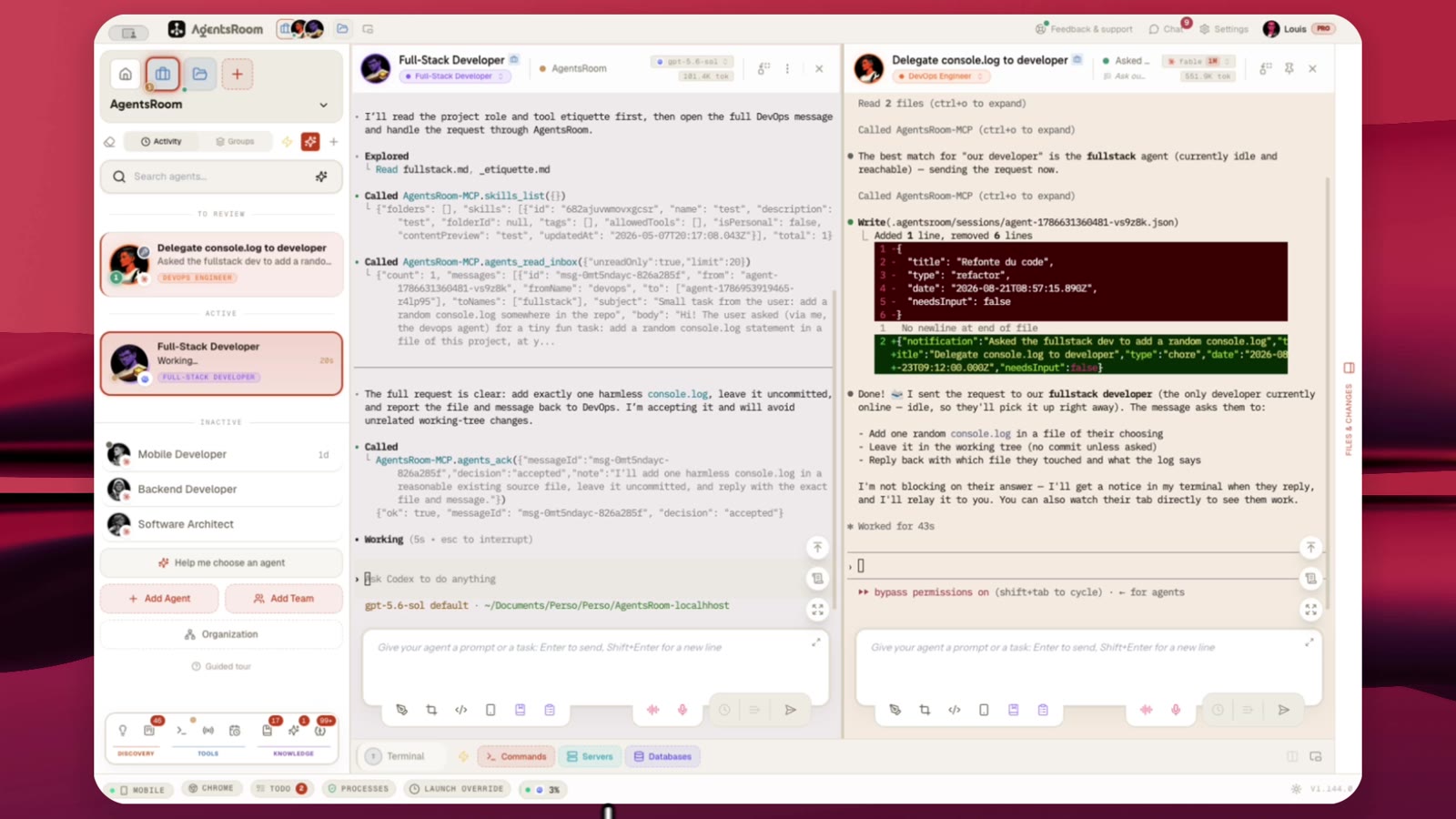 AgentsRoom agent to agent messaging: a Claude Code agent writes to a Codex agent and gets an answer back