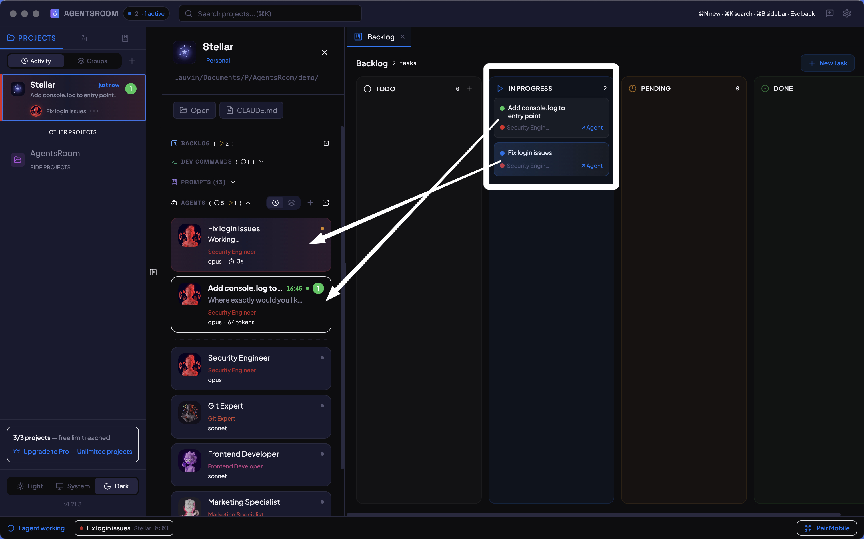 AgentsRoom backlog board showing kanban columns TODO, In Progress, Pending, and Done with AI agent tasks running in parallel