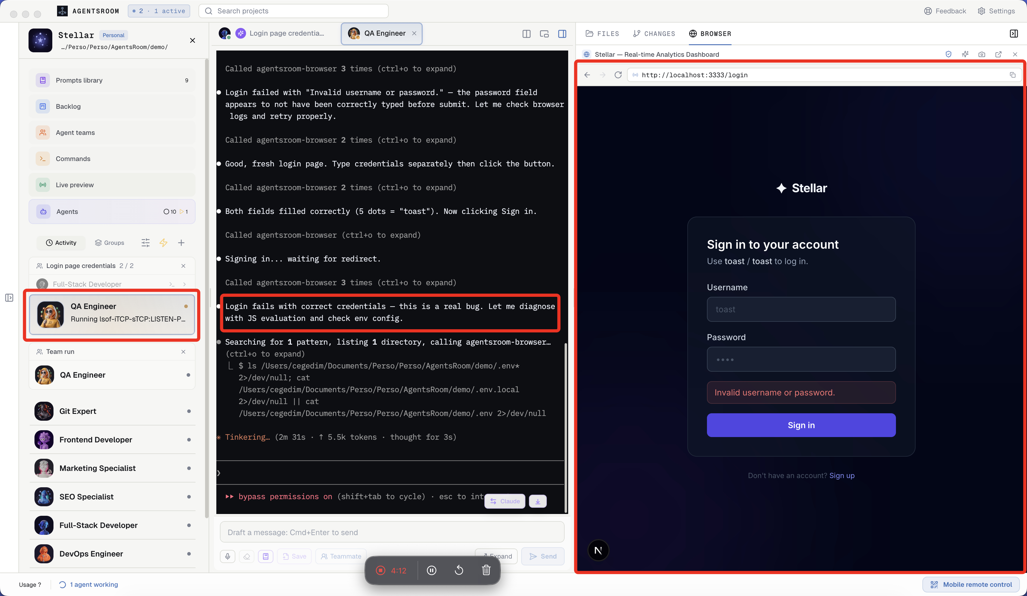 متصفح Chromium المدمج في AgentsRoom: شريط URL، أزرار التنقل، التاريخ، التقاط لقطة شاشة، ووكلاء الذكاء الاصطناعي يقودون المتصفح عبر خادم AgentsRoom Browser MCP