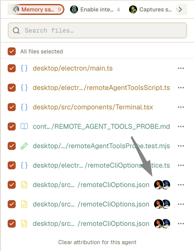 Tab Changes AgentsRoom: file yang diubah oleh dua agen AI menampilkan avatar kedua agen