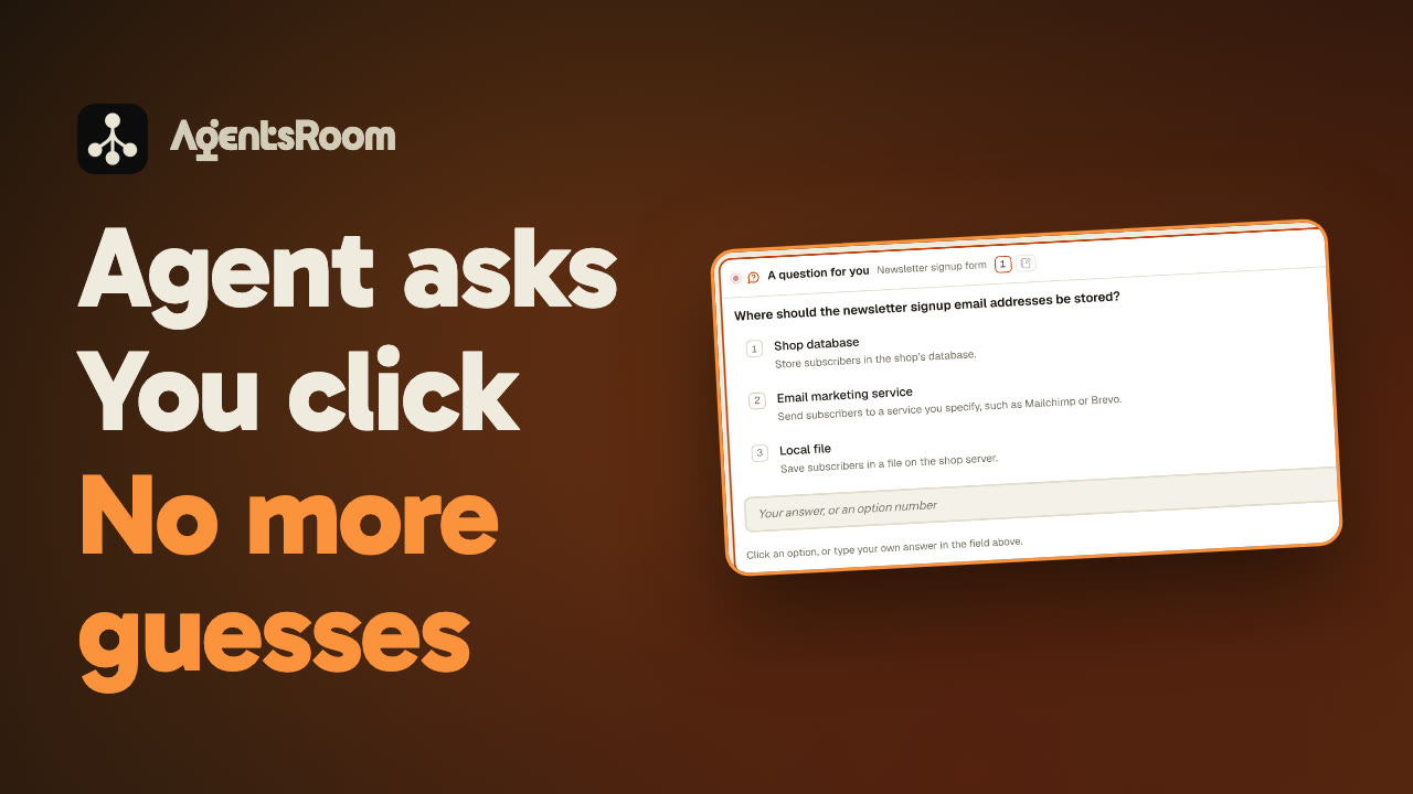 AgentsRoom Structured Questions: your AI agent asks in a card, you click, no more guesses