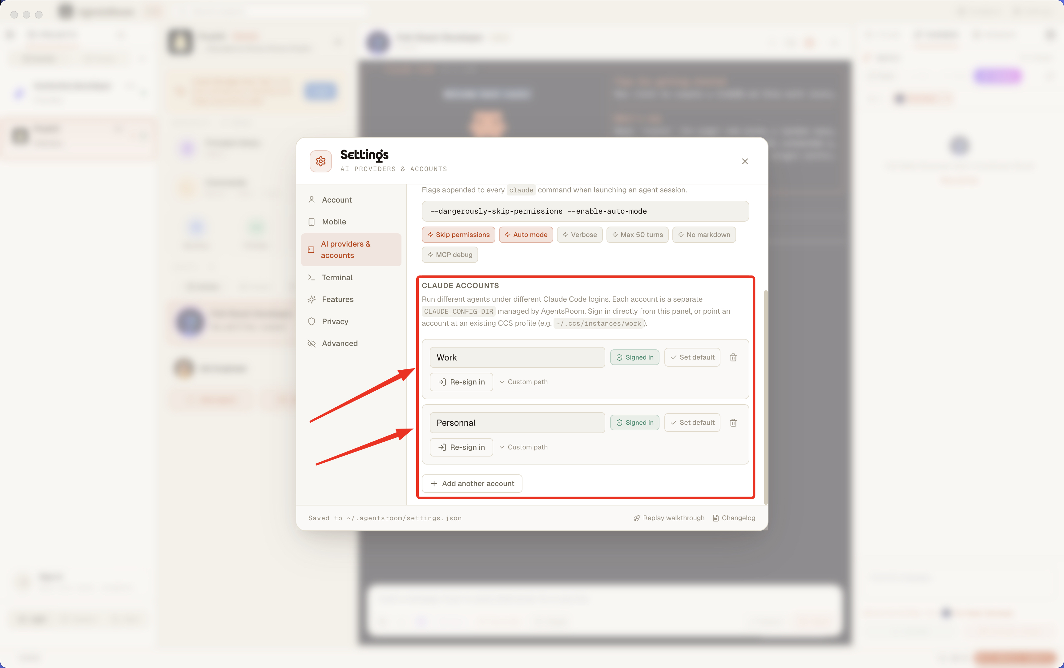 AgentsRoom Settings panel with Claude Accounts section showing Work account signed in and Personal account ready to sign in, plus per-project picker on a New Project modal