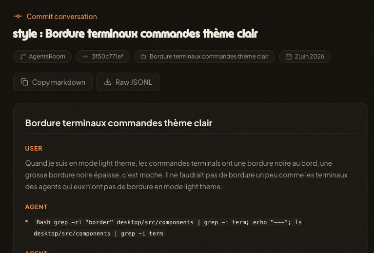 AgentsRoom Commit Context: percakapan agen AI di balik setiap commit dicantol sebagai inti tidak terdaftar dan dihubungkan dari pesan commit sehingga setiap agen dapat memulihkan konteks