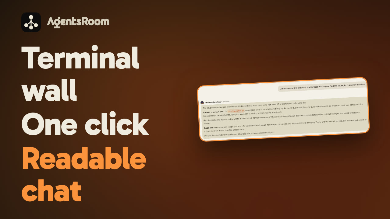 AgentsRoom Conversation view: one click turns your AI agent's terminal into a readable chat