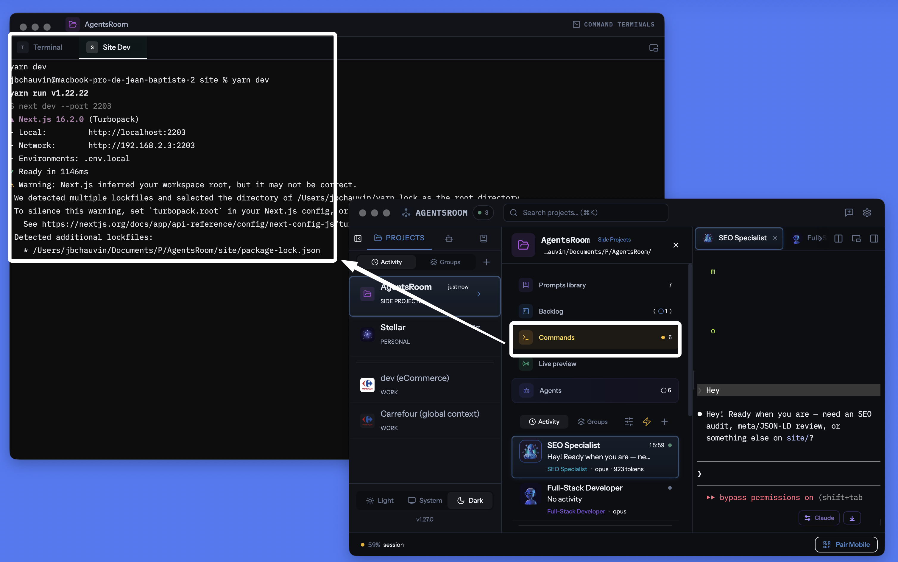 AgentsRoom terminal manager with detached window on a second screen, remote command launch from mobile, alternative to iTerm2, Warp and Ghostty