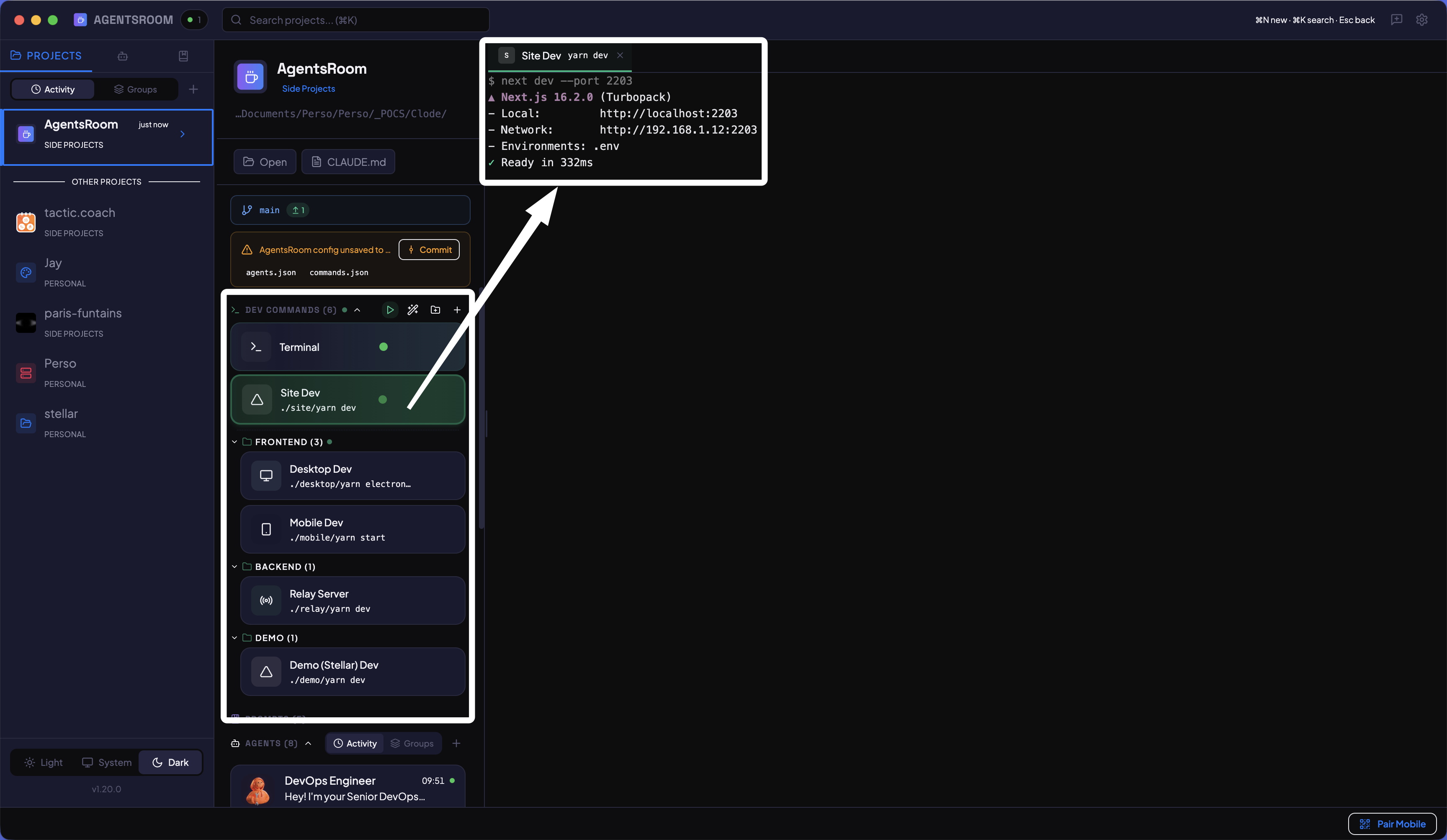 AgentsRoom Dev Terminals: プロジェクトの開発サーバー、バックエンド、サービスを1つのダッシュボードで管理・起動
