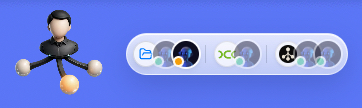 The AgentsRoom Dynamic Island as a single floating bar split into project segments, each segment showing a project icon and the AI agents running on it with a per-agent status dot