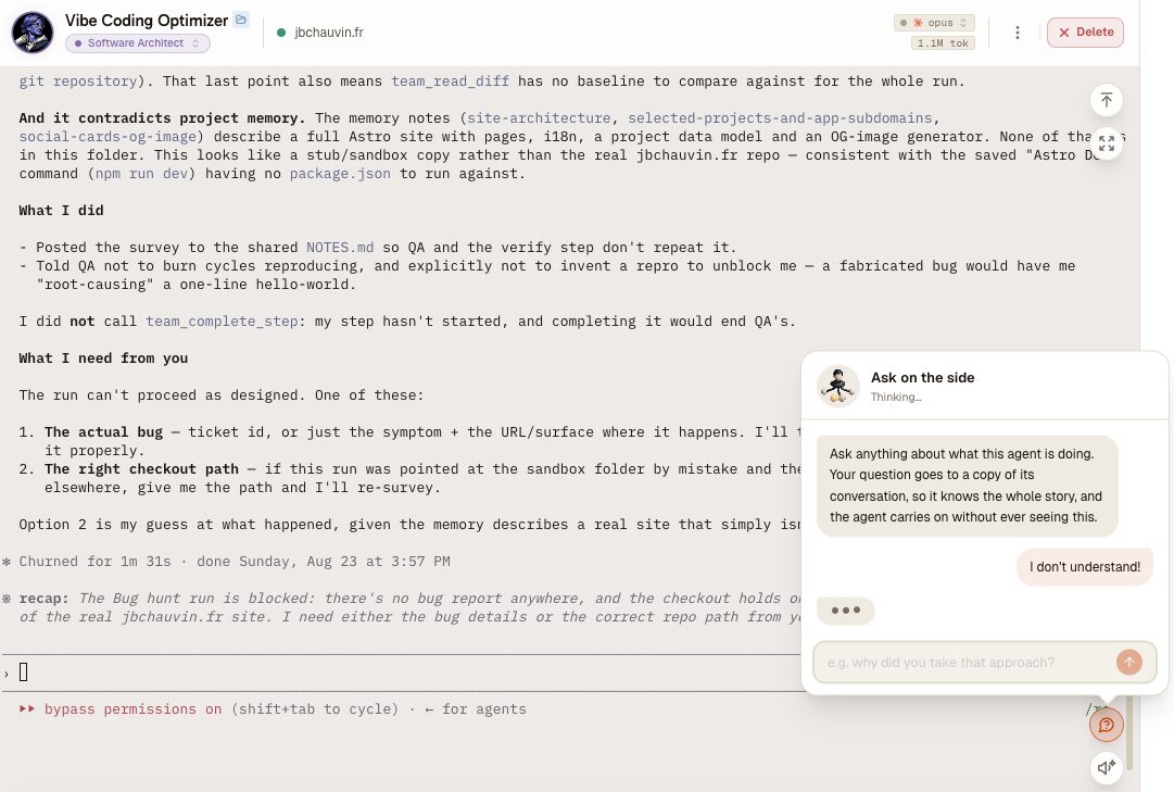 The Ask on the side bubble open over a running AI coding agent in AgentsRoom: the question has been sent and a read-only copy of the agent is thinking, while the agent's own terminal keeps scrolling untouched