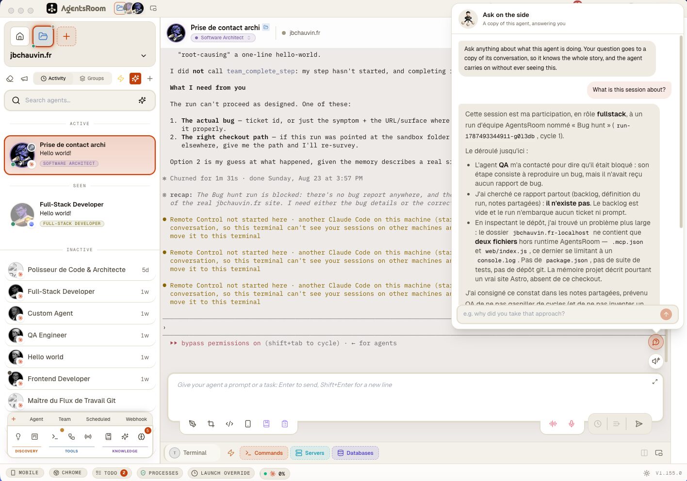 AgentsRoom with the Ask on the side bubble answering: a copy of the agent explains what the session is about, streamed into the bubble, while the original agent's terminal and conversation stay untouched