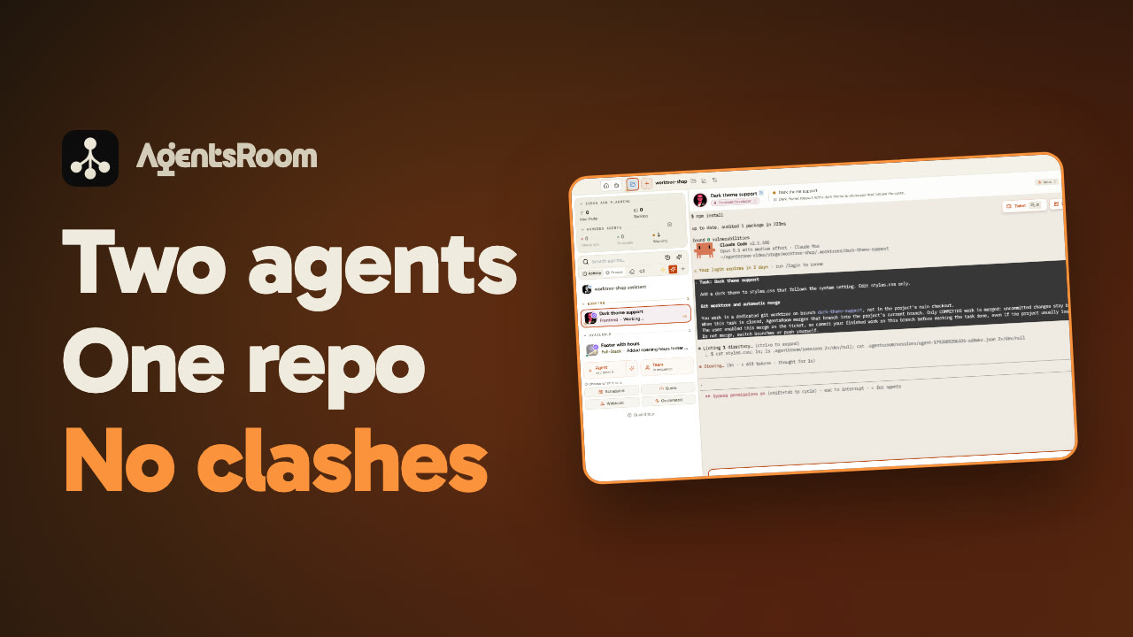 AgentsRoom Git Worktrees: two AI coding agents in one repo, each in its own copy