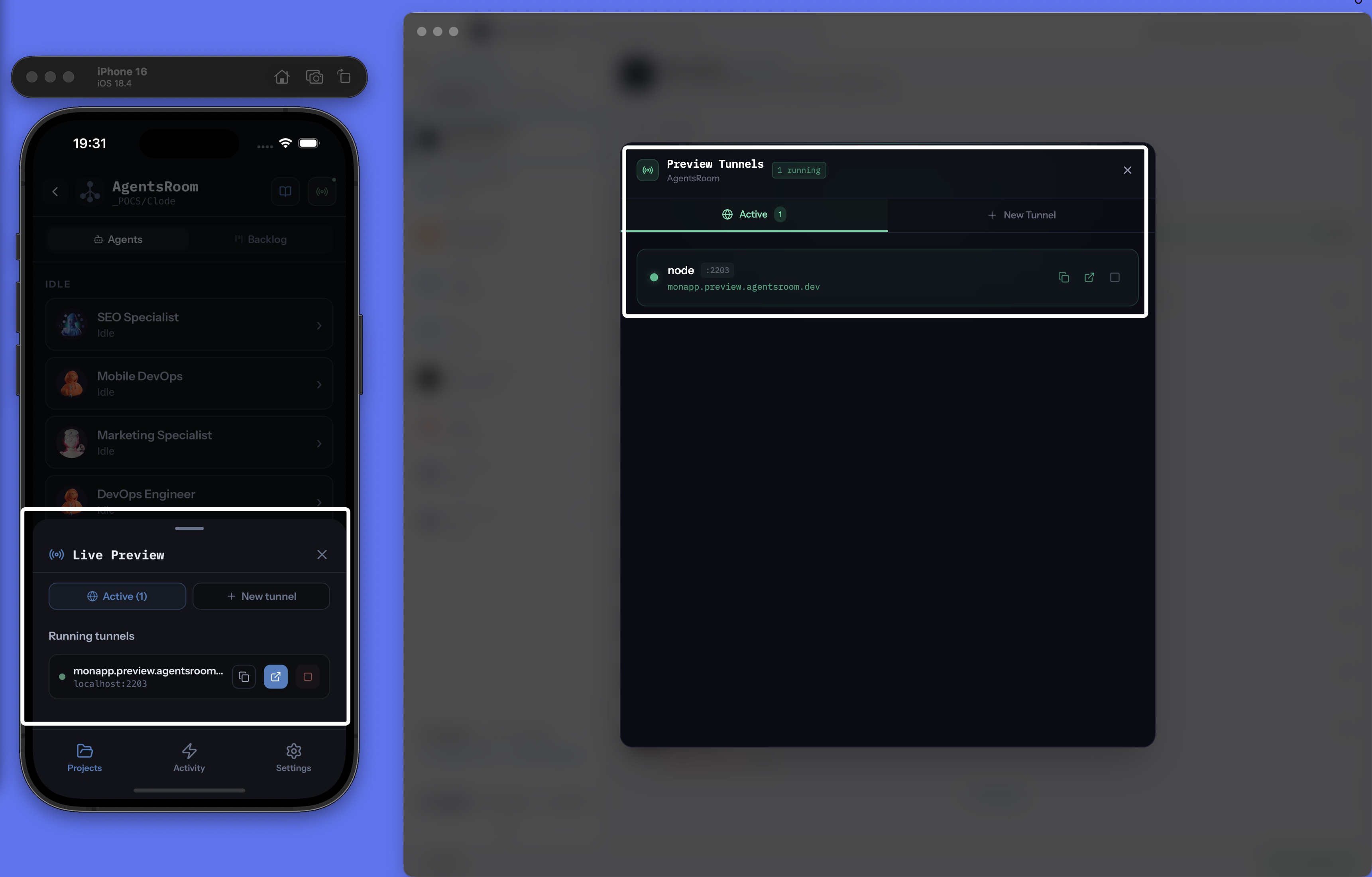 Painel do tunnel localhost do AgentsRoom mostrando tunnel ativo com URL HTTPS publica, subdominio personalizado e status de conexao