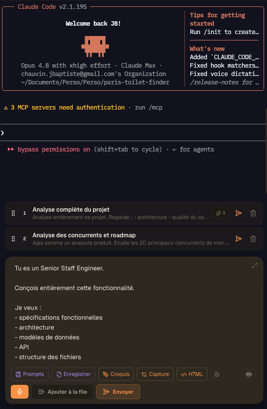 Очередь сообщений AgentsRoom в действии: два сообщения, сложенные над полем ввода, у каждого заголовок от ИИ, однострочный предпросмотр и количество вложений, готовые к отправке ИИ-агенту по программированию в выбранном вами порядке, с кнопками «В очередь» и «Отправить» под активным полем ввода