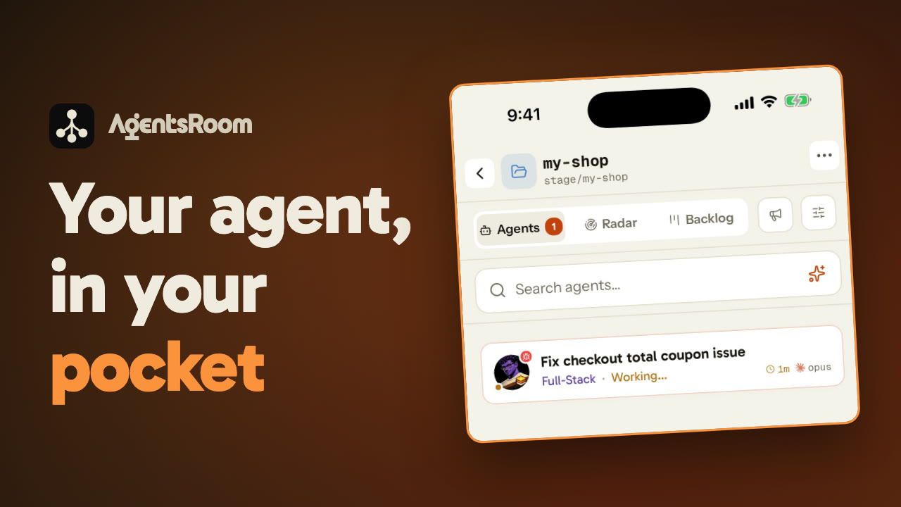 AgentsRoom Mobile-Desktop Sync: typed on your phone, fixed by the AI coding agent on your computer