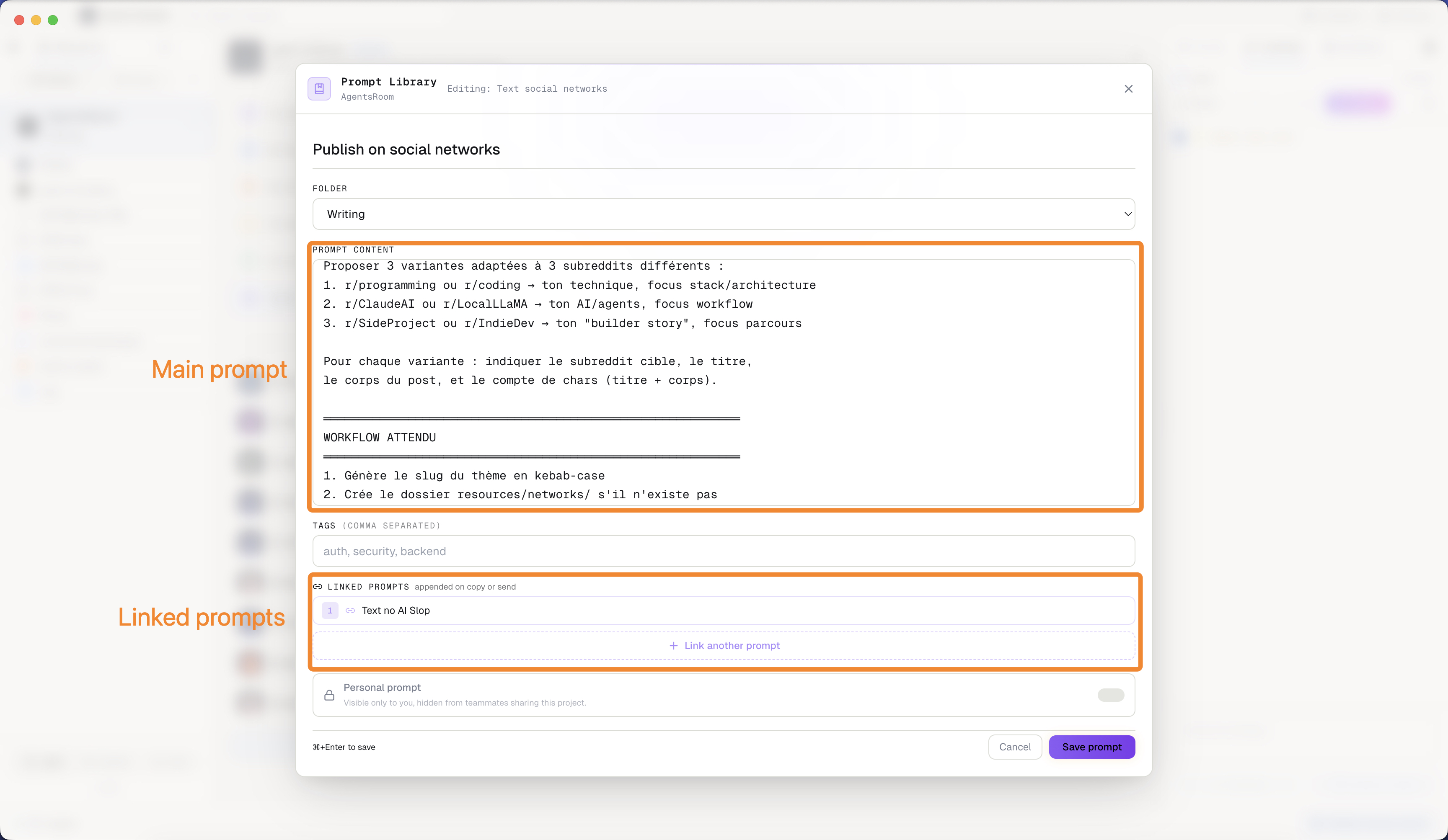 AgentsRoom Prompt Library: linked prompts with inheritance and chained prompts in the editor