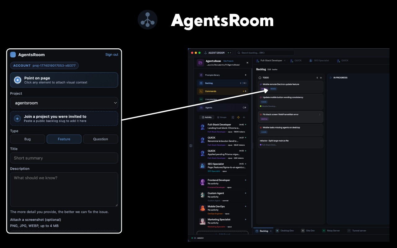 Backlog à distance AgentsRoom : page de feedback public avec roadmap kanban, votes, rapports de bugs et demandes de features, branchés aux agents IA Claude Code