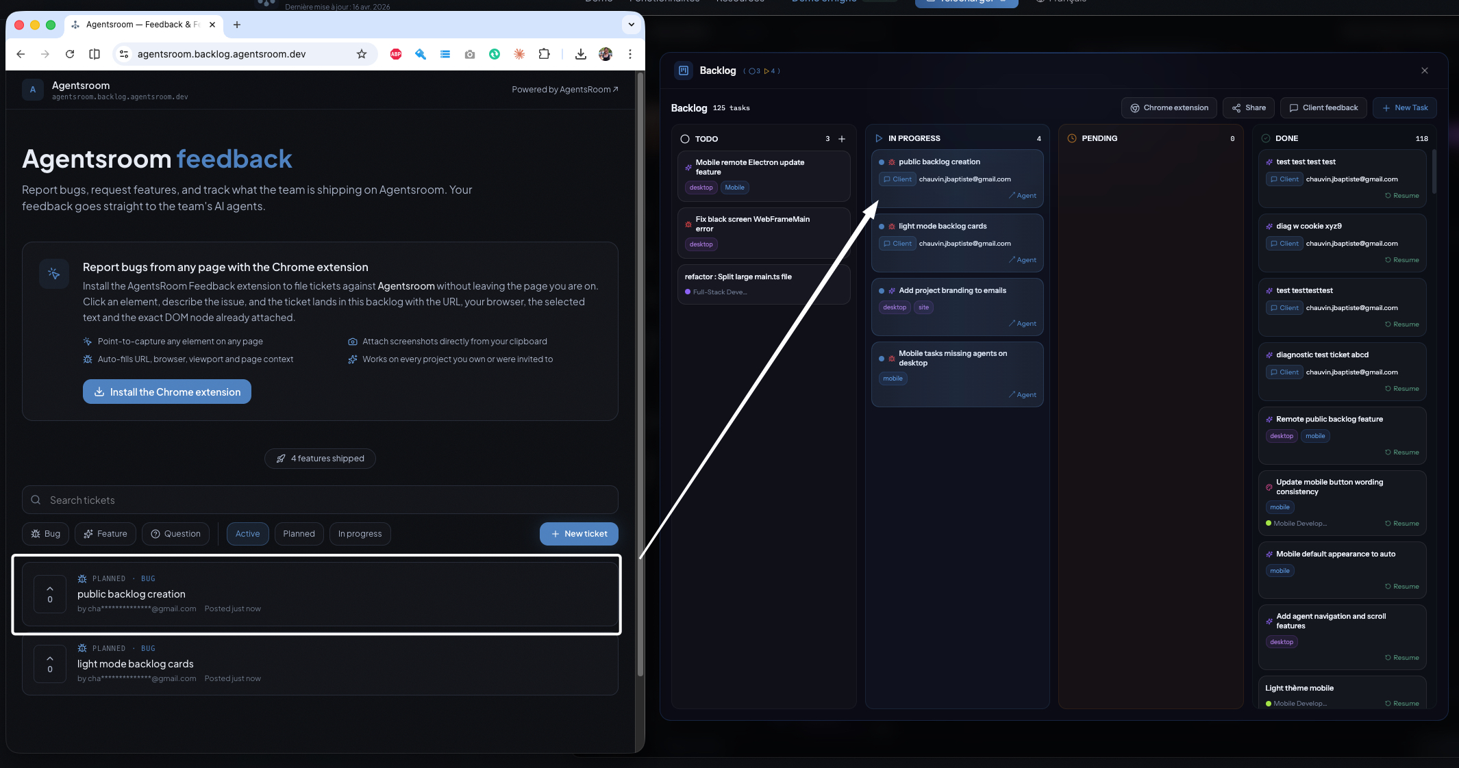 Backlog Jarak Jauh AgentsRoom: portal umpan balik publik dengan tiket klien, upvote, dan peta jalan yang terhubung ke agen AI Claude Code