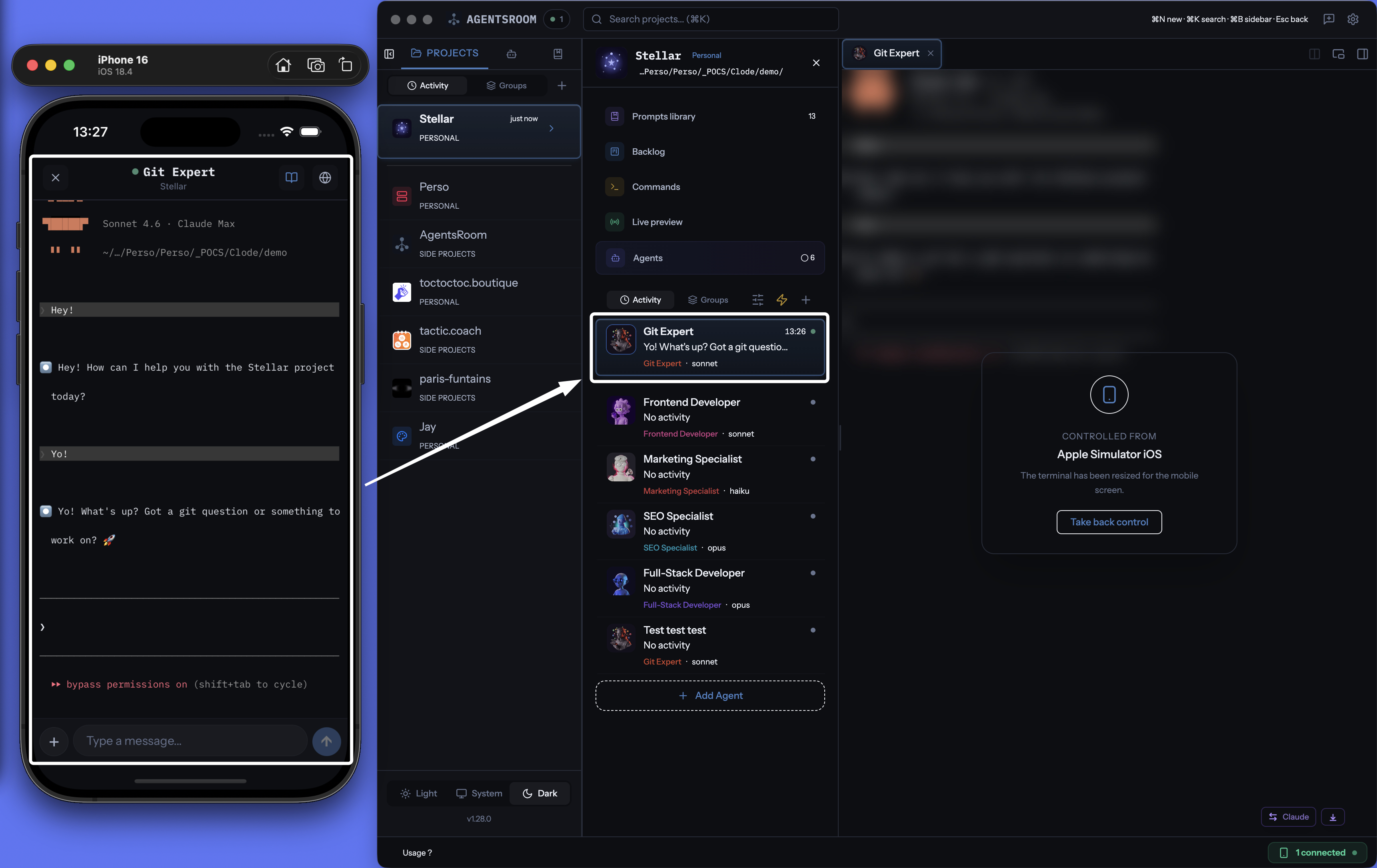 Control remoto móvil AgentsRoom pilotando agentes Claude, Codex y Gemini en un Mac desde un iPhone