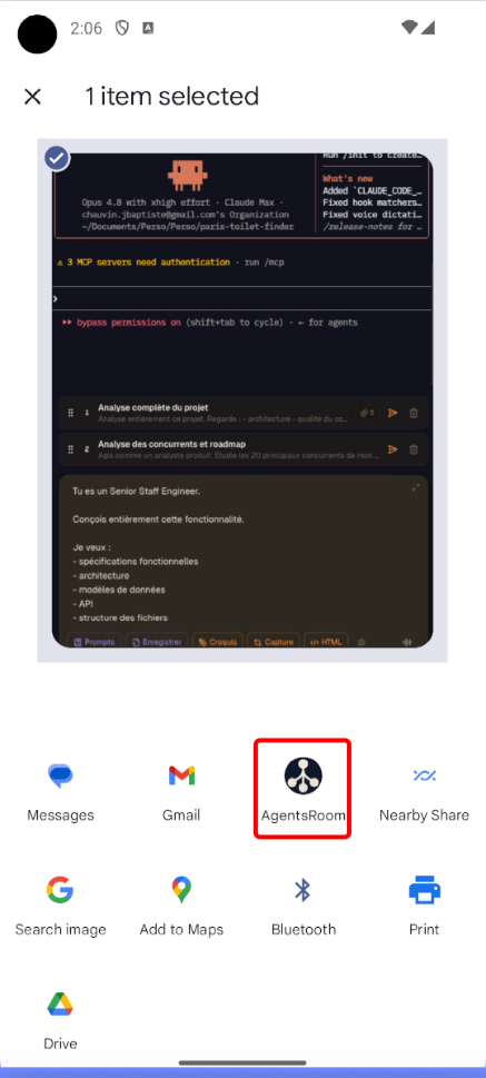 AgentsRoom erscheint im Android-Share-Sheet als Share-Ziel beim Teilen eines Screenshots, Share-Intent für KI-Coding-Agenten
