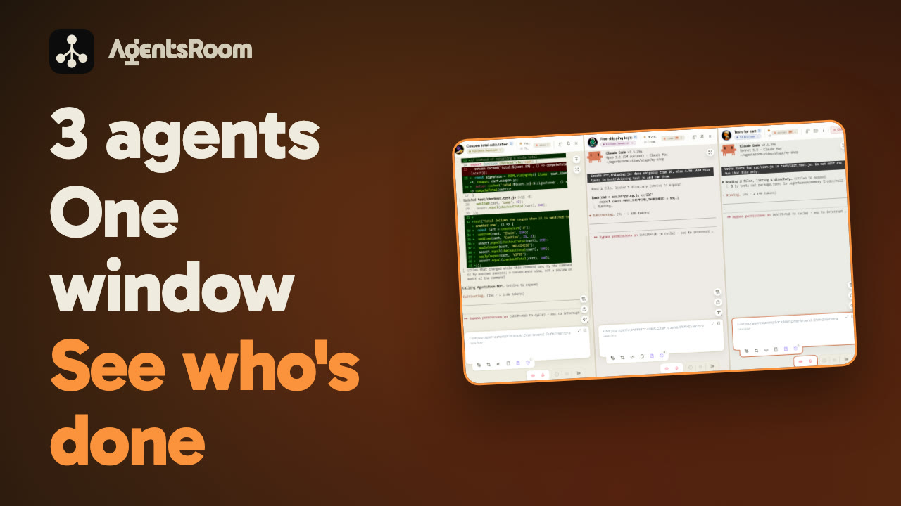 AgentsRoom Split View: three AI coding agents side by side in one window