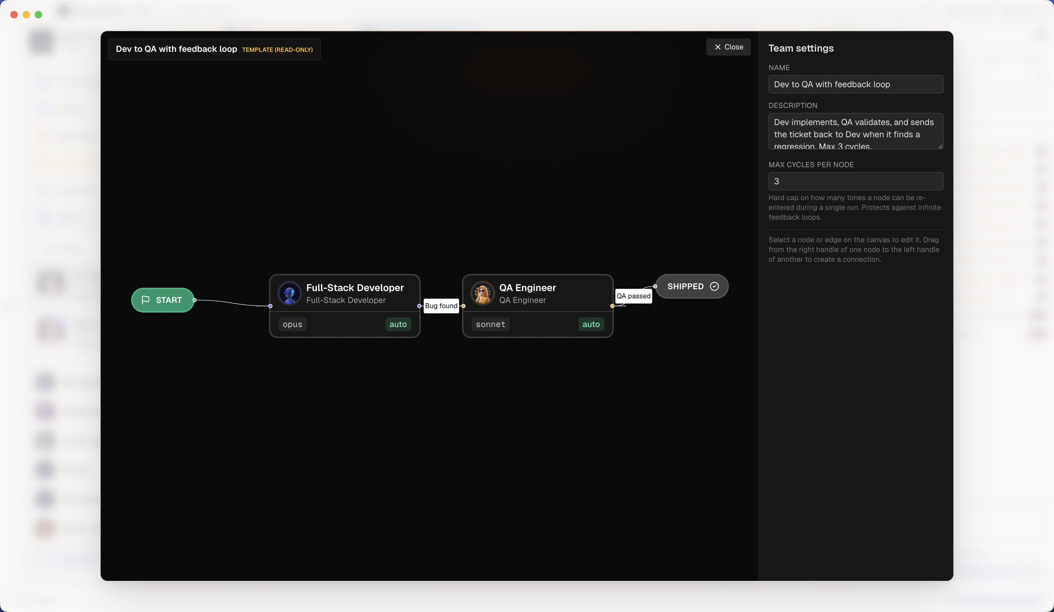 AgentsRoom Agent Teams görsel workflow editörü: Dev, QA, PM, Security ve DevOps rolleri için düğümler, koşullu kenarlar ve feedback loop'lar ile sonsuz bir canvas üzerinde bağlanmış