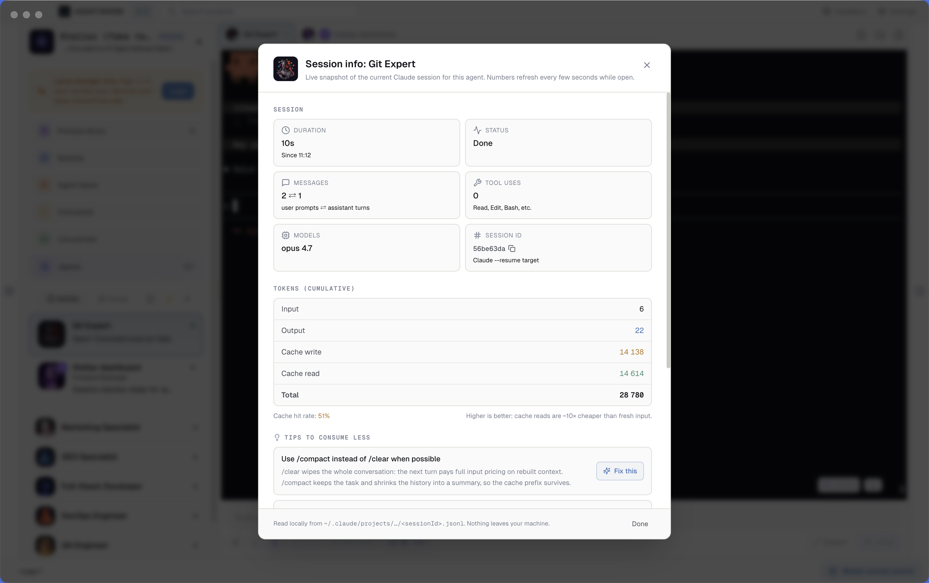 AgentsRoom Claude Code token usage : per-session token meter and session monitor with cache hit rate, input tokens, output tokens, cache reads and cache writes
