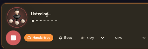 AgentsRoom Voice Mode : ein bidirektionales Sprachgespräch mit einem KI-Coding-Agenten, ein Zuhör-Status mit Live-Anzeige, ein freihändiger Schalter, ein Piepton, eine wählbare Antwortstimme und automatische Spracherkennung