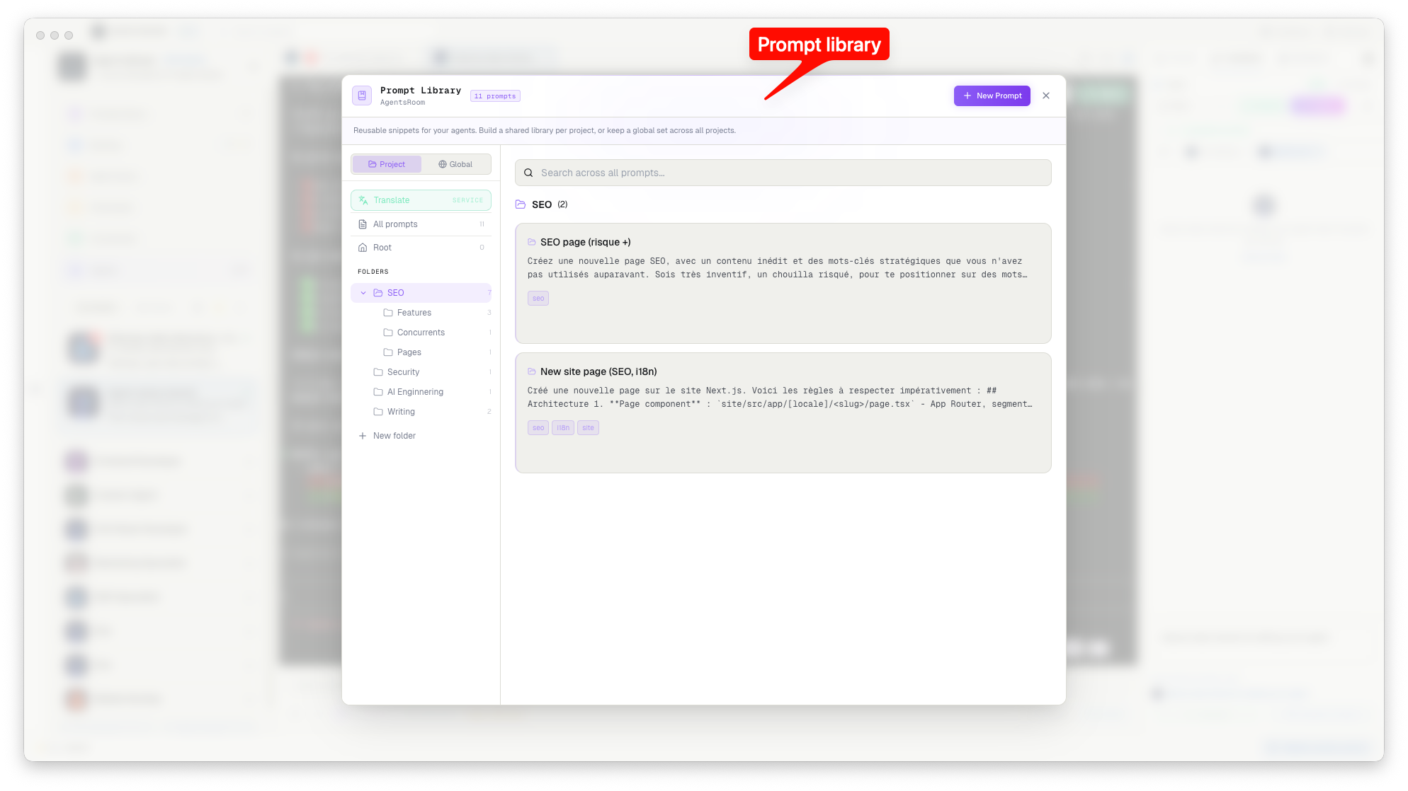 AgentsRoom prompt library: send prompts to Claude, Codex, Gemini, OpenCode and Aider terminals