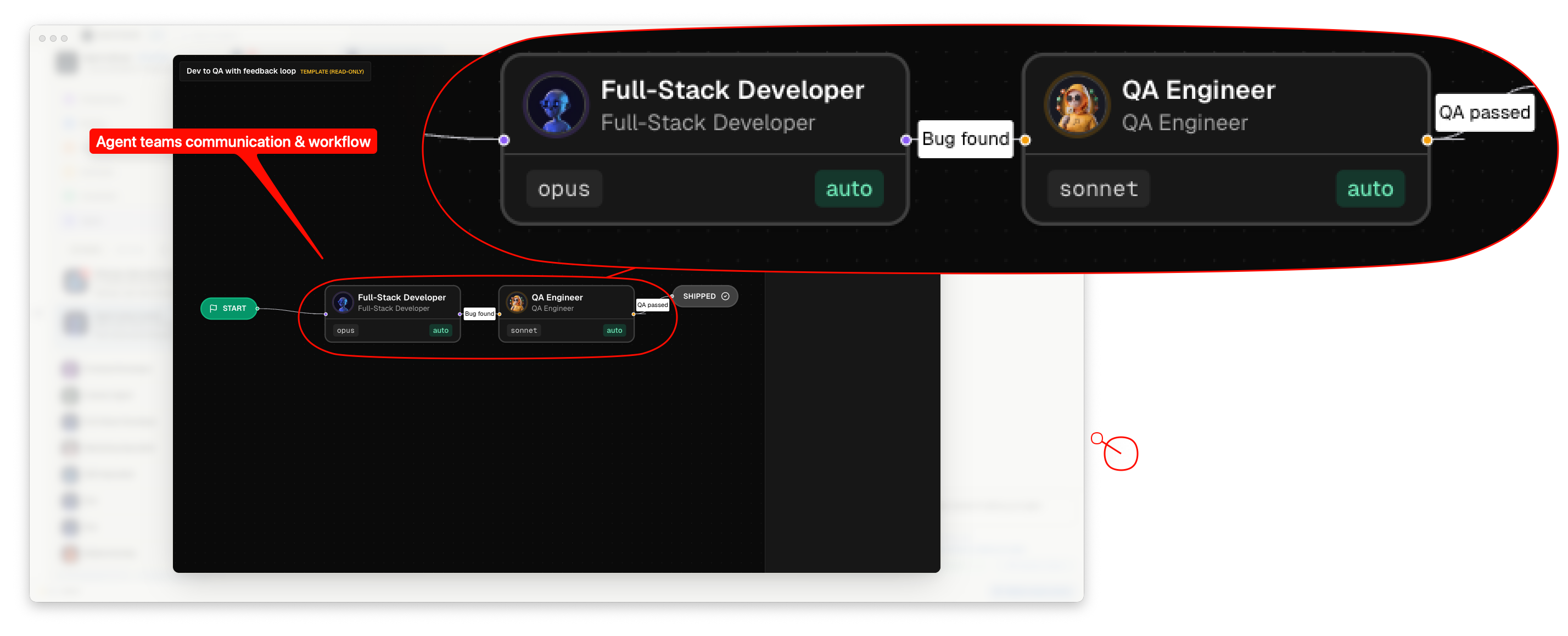Editor visual de workflow AgentsRoom Agent Teams: nodes para roles Dev, QA, PM, Security y DevOps conectados en un canvas infinito con edges condicionales y bucles de feedback