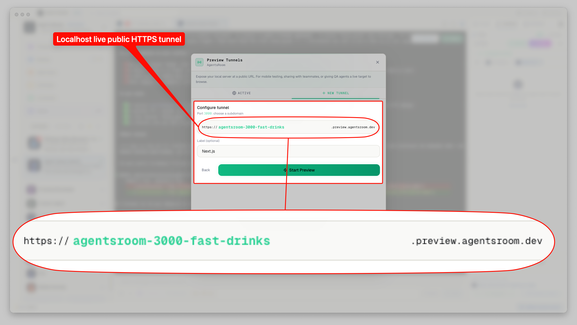 Panel del tunnel localhost de AgentsRoom mostrando tunnel activo con URL HTTPS publica, subdominio personalizado y estado de conexion
