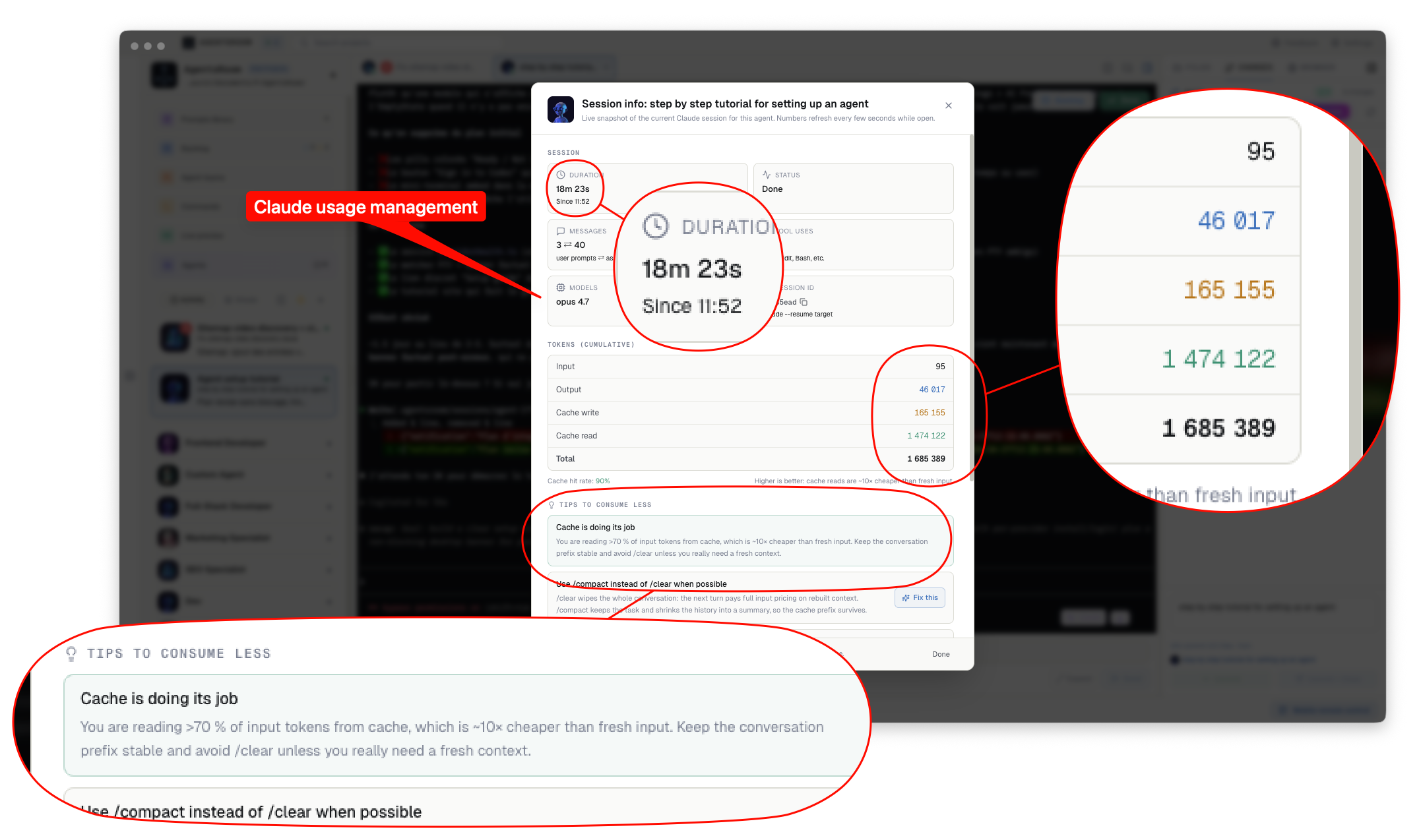 Modale Claude Code token usage in AgentsRoom : durata, stato, conteggio messaggi, tool uses, modelli, id sessione, piu breakdown dei token con input, output, cache writes, cache reads e cache hit rate