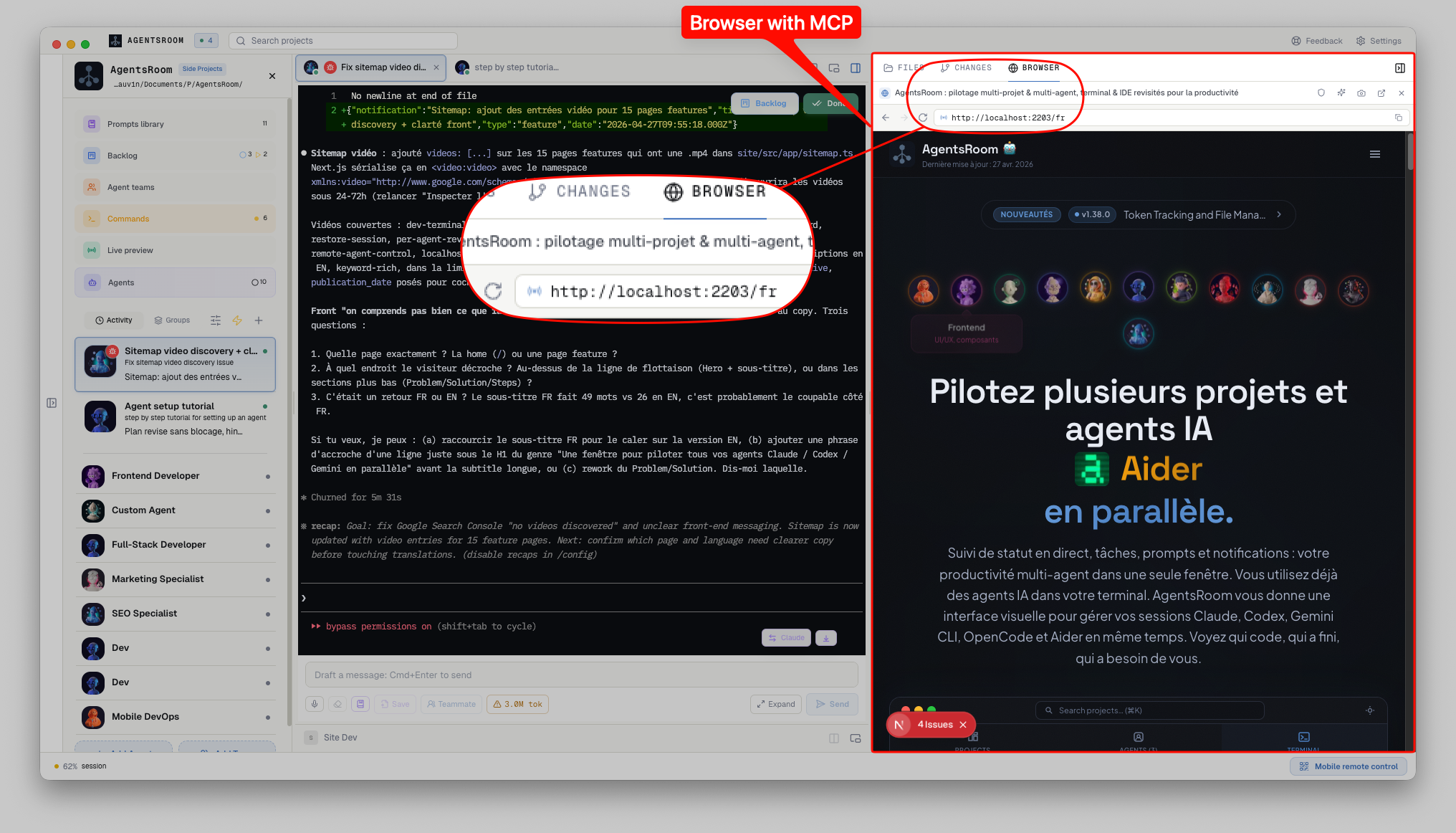 AgentsRoom embedded Chromium browser: URL bar, navigation controls, history, screenshot capture, and AI agents driving the browser through the AgentsRoom Browser MCP server